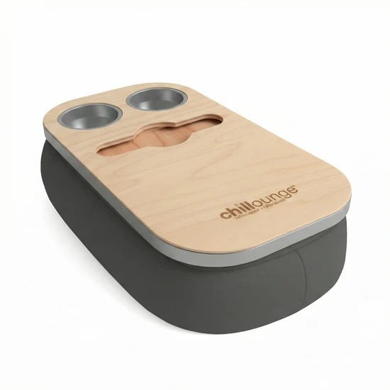 Luxury Portable Tray, Cup and Wine Holder Charcoal Silver with chillounge branding.