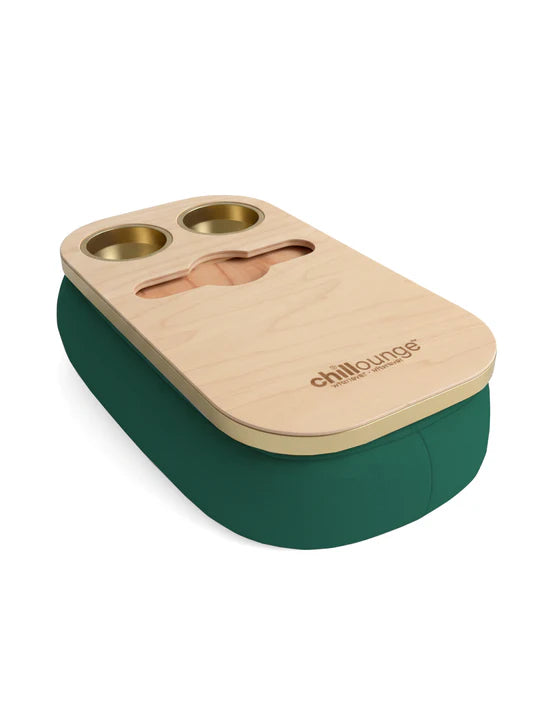 Premium Portable Tray with 2 Cup Holders, Wine holder with chillounge branding. Forest Green and Gold Trim.
