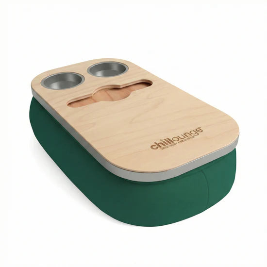 Green and wooden drink holder with 'chill lounge' branding on a white background