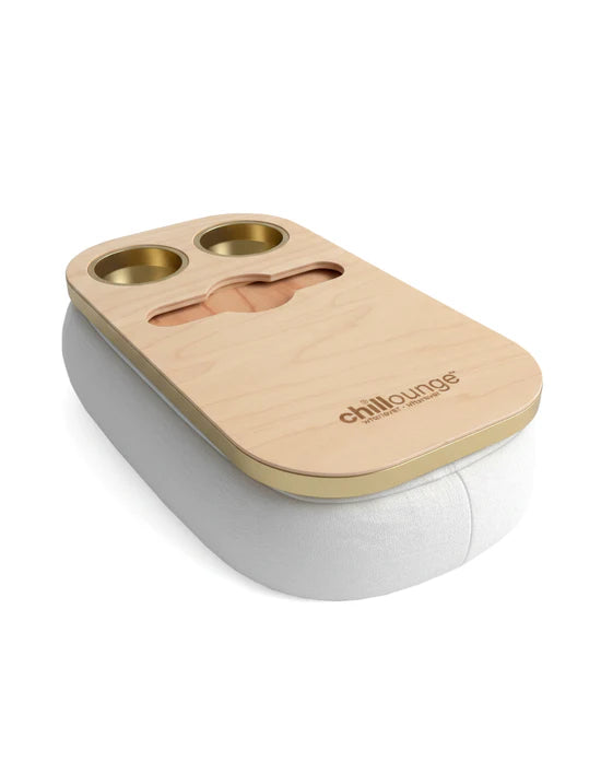 Premium Portable Tray with 2 Cup Holders, Wine holder with chillounge branding. Ivory and Gold Trim.