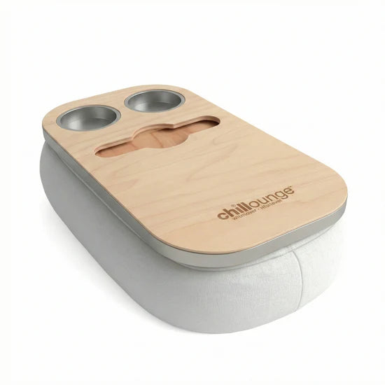 Wooden drink holder with cup holders and cutout for bottle on a white background, branded 'chilllounge'.