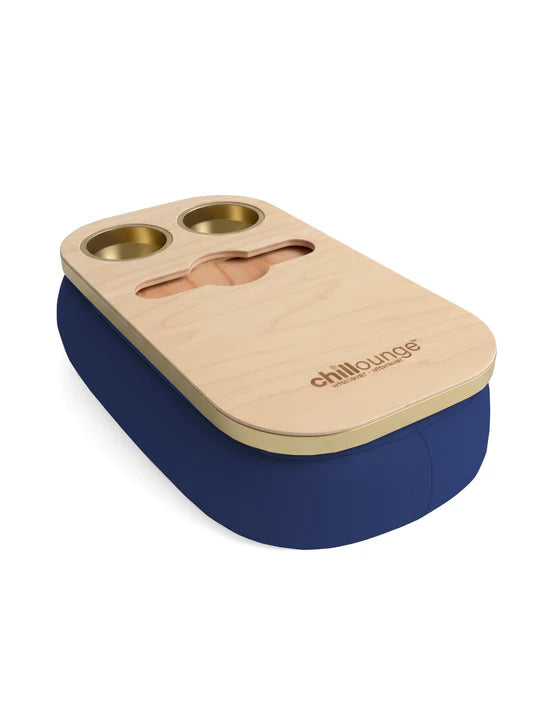 Premium Portable Tray with 2 Cup Holders, Wine holder with chillounge branding. Navy Blue and Gold Trim.