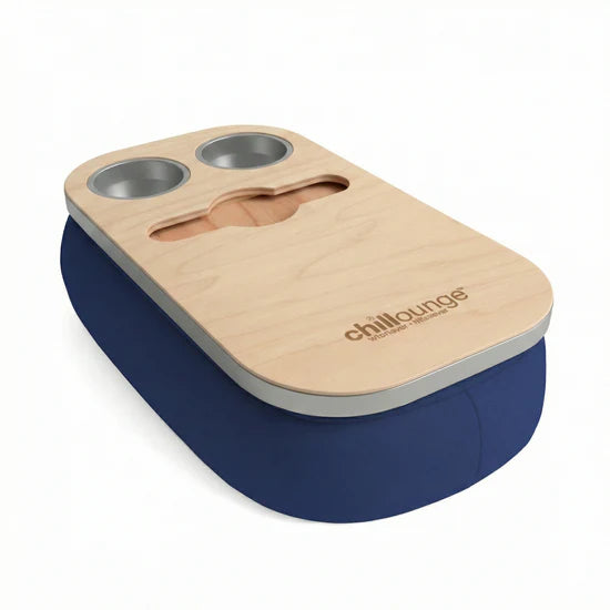 Blue and wooden drink holder with two cup holders on a white background