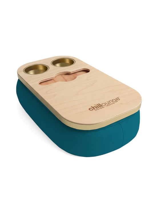 Premium Portable Tray with 2 Cup Holders, Wine holder with chillounge branding. Teal and Gold Trim.