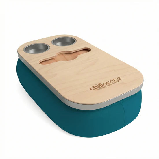 Blue and wooden drink holder with 'chilllounge' branding on a white background