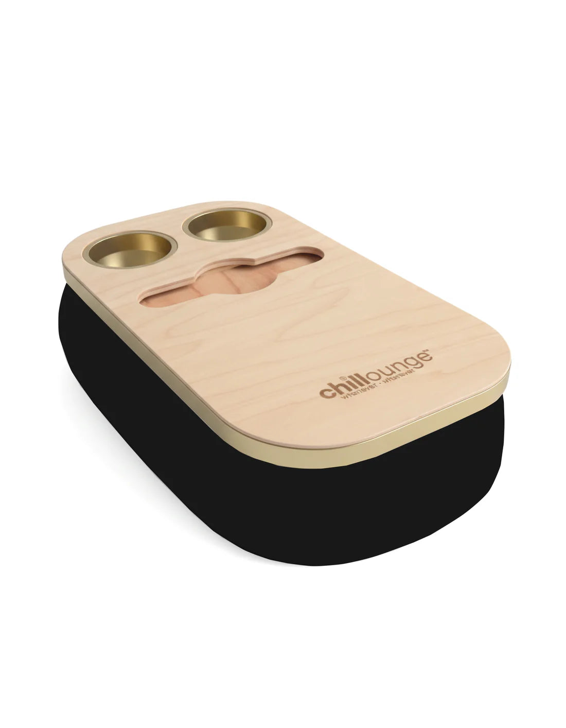 Premium Portable Tray with 2 Cup Holders, Wine holder with chillounge branding. Black and Gold Trim.
