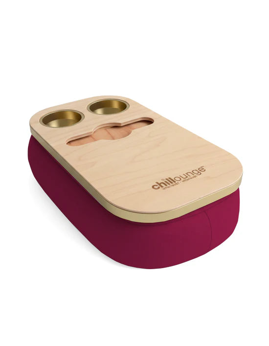 Premium Portable Tray with 2 Cup Holders, Wine holder with chillounge branding. Burgundy and Gold Trim.