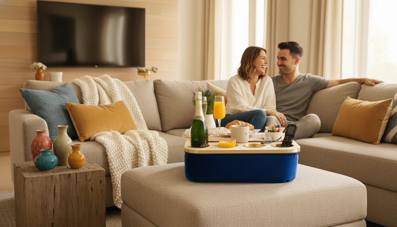 Couple sitting on a couch in a living room with a coffee table and decorative items using chillounge Premium Portable Tray