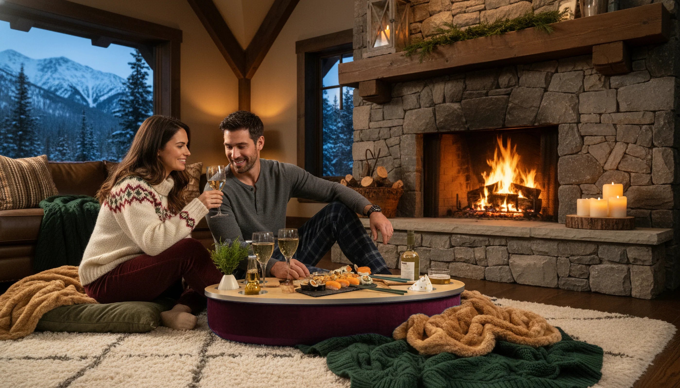 Couple enjoying a romantic evening by a fireplace with a mountain view using chillounge Premium Portable Tray