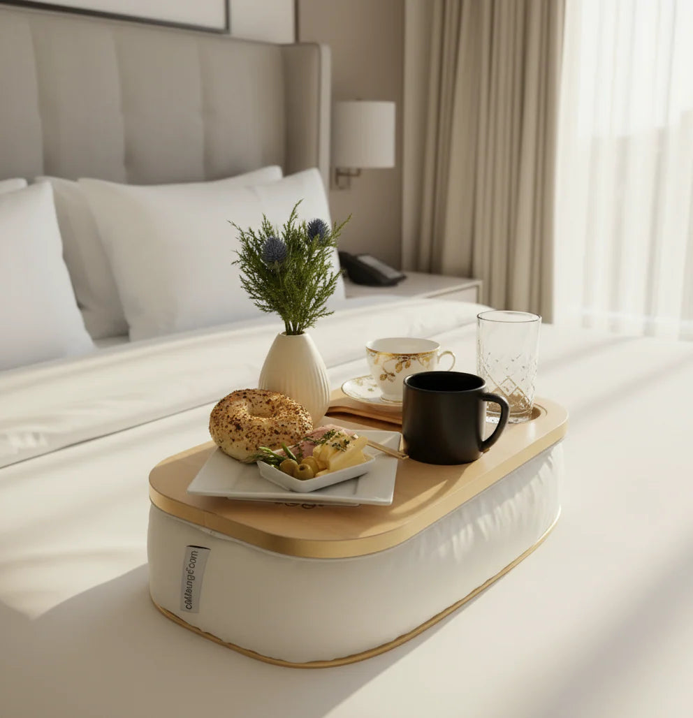 Bedside table with breakfast tray in a bedroom setting using chillounge Premium Portable Tray