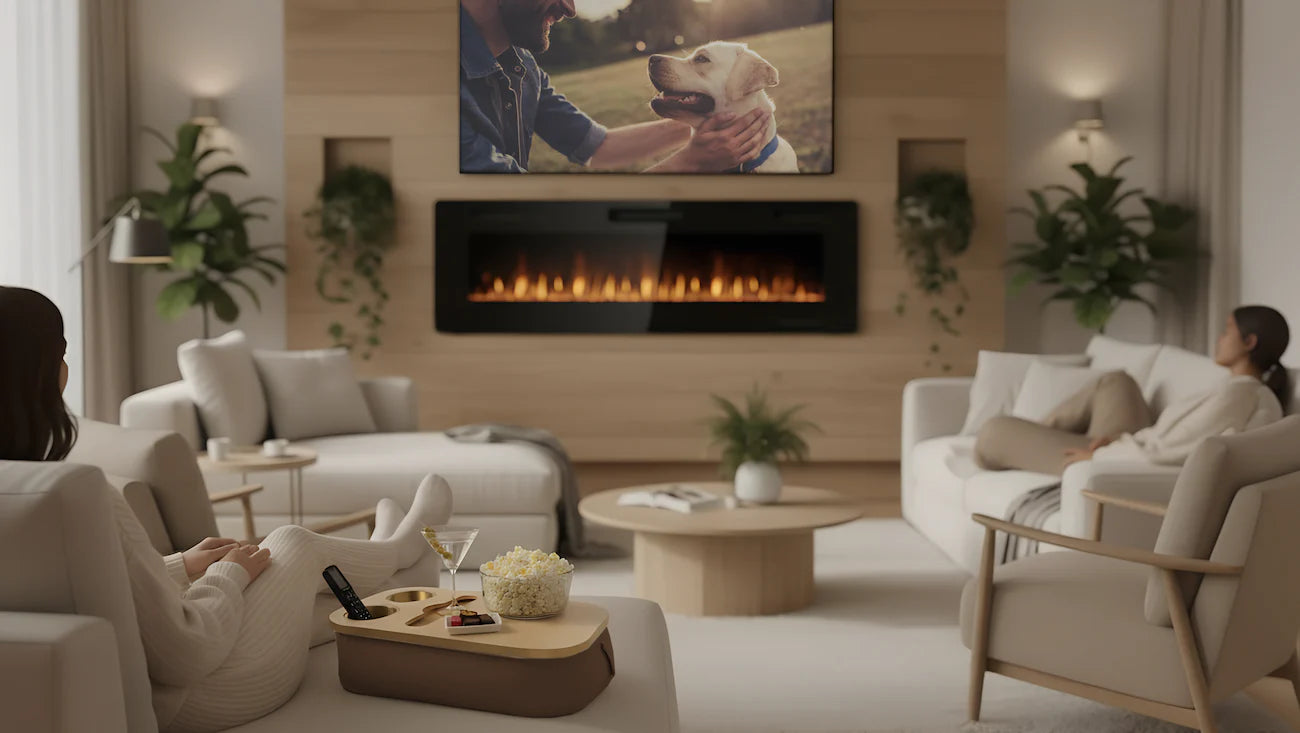 Modern living room with a fireplace, television, and people sitting on white sofas using chillounge Premium Portable Tray
