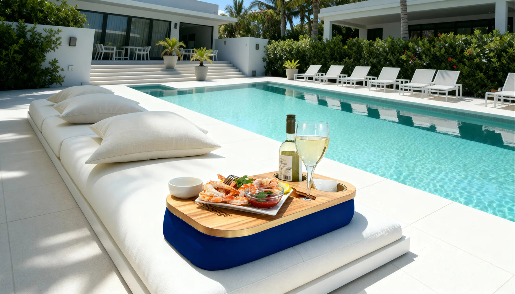 Outdoor setting with a pool, lounge chairs, and a table with food and wine using chillounge Premium Portable Tray