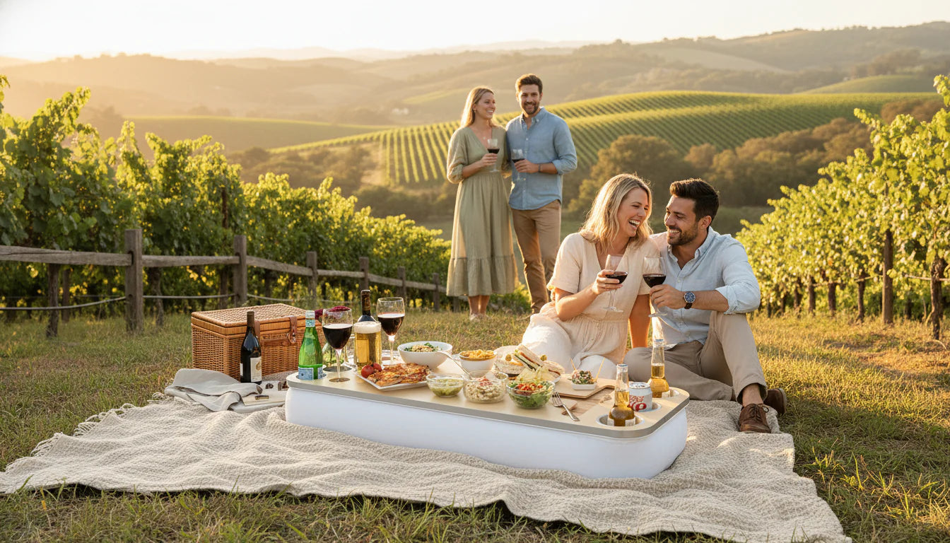Group of people enjoying a picnic in a vineyard with wine and food using chillounge Premium Portable Tray